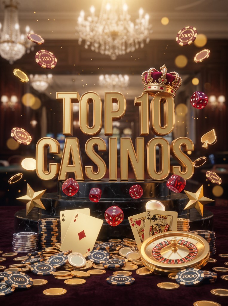 Gold lettering reading Top 10 Casinos with chips, cards and a roulette wheel